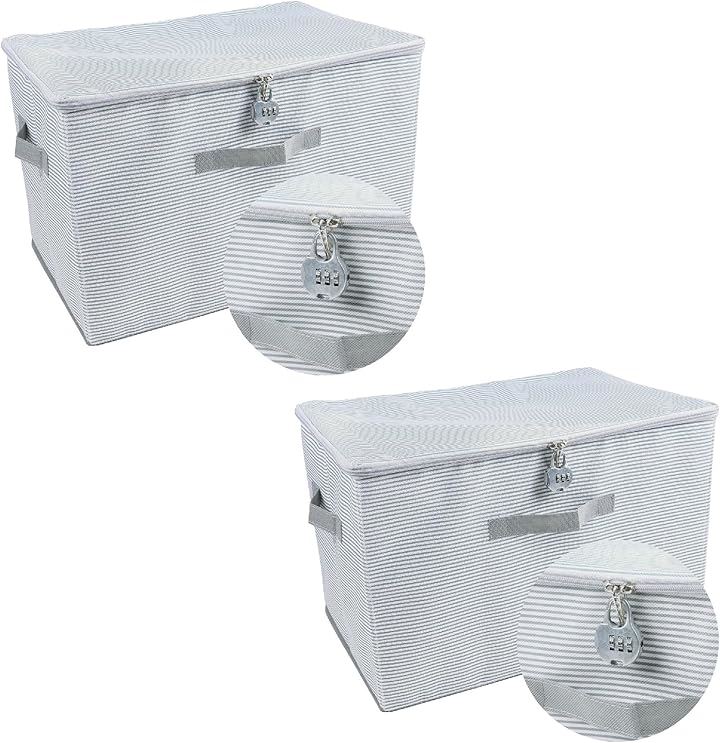 収納ボックス 鍵付き ダイヤル錠 スプライト柄 折りたたみ 収納ケース 大容量 衣類 ふた付き 布製 縞模様 ファスナー(グレー, L（2個セット）)