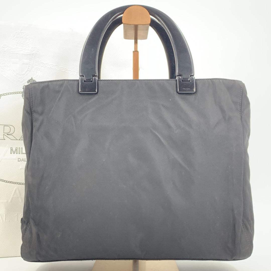 ハンドバッグ トートバッグ テスートナイロン プラハンドル プラスチック ブラック 黒 B8363 トライアングル 三角ロゴプレート 白タグ