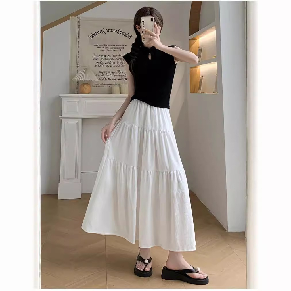 【1つ買うと10つ無料】女性のためのピンクスカート2025夏の薄い穏やかな ラインロングスカートハイウエストスリムな小さなケーキスカート