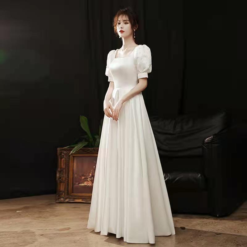半袖ロングドレス 演奏会 ウェディングドレス 二次会 シンプル 前撮り Aラインドレス ビーチフォト