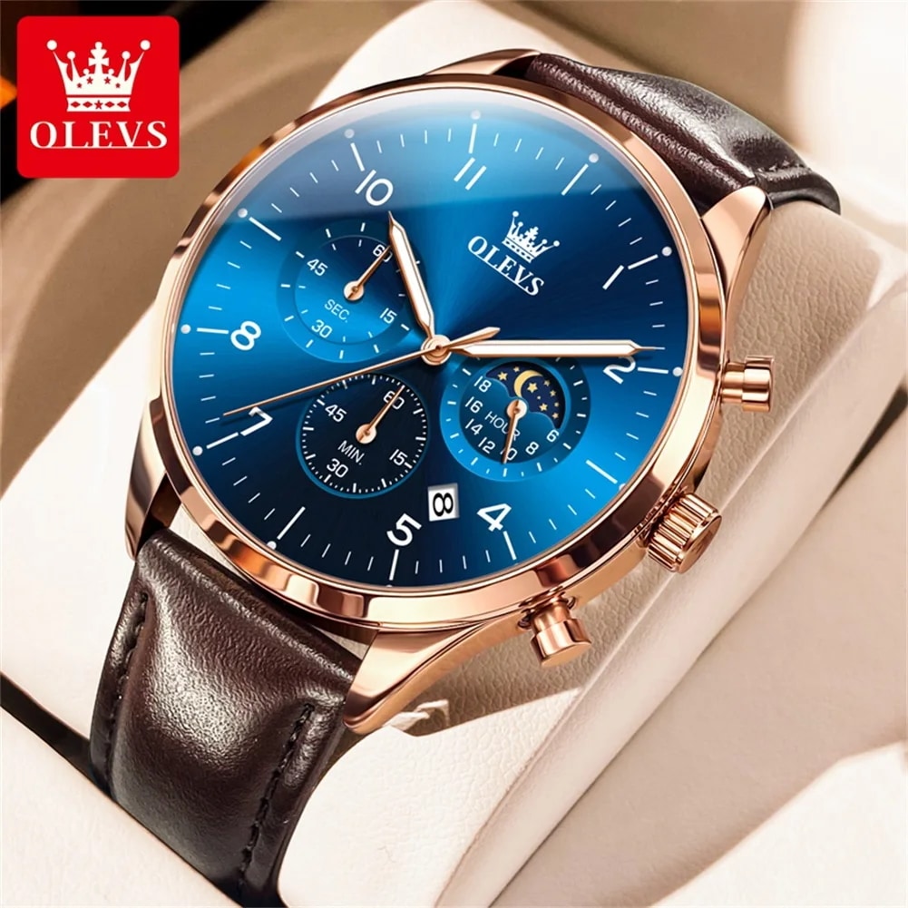 Olevs-メンズ多機能クォーツ時計 レザーストラップ ビッグダイヤル ムーンフェーズ 防水 クラシック 42mm 2