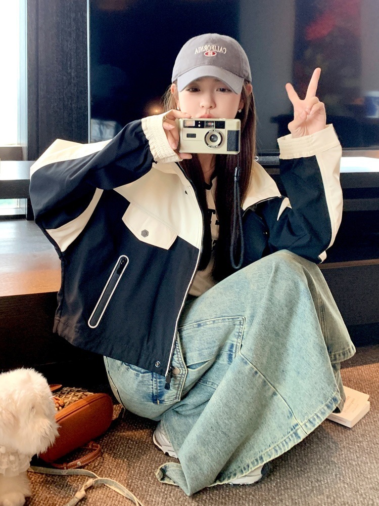 パッチワークフードジャケットレディース春秋ニッチデザインカジュアルショート万能ジャケットラッシングジャケット