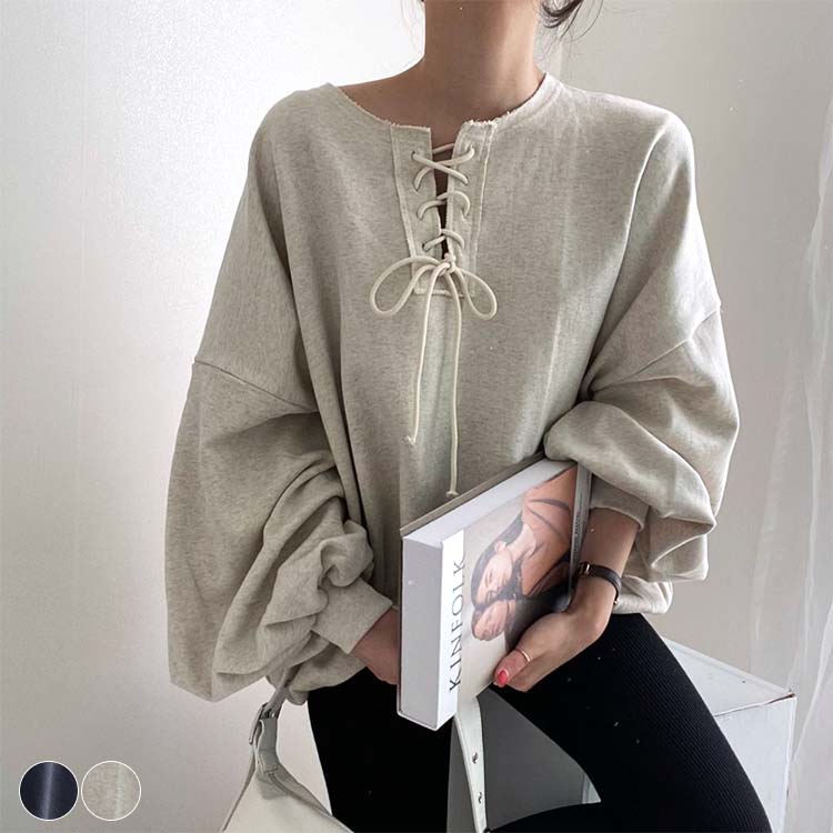 トレーナー レディース スウェット トップス レースアップ ランタンスリーブ ボリューム袖 ゆったり おしゃれ 春 秋 黒 ブラック グレー