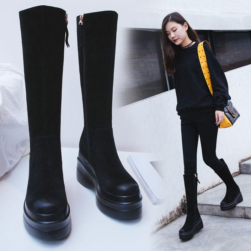 ロングブーツ レディース タイトフィット シンプル おしゃれ スタイルアップ 小柄の方 女性用 革 ウェッジ ヒール ブーツ ハイヒール ミッド カーフ ブーツ プラットフォーム ブーツ 厚底