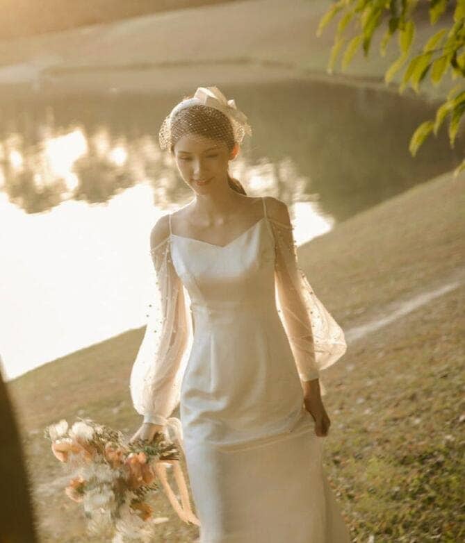 3日で発送！ドレス ウエディングドレス 長袖 白 二次会 結婚式ドレス パーティードレス 安い エンパイア フォトウエ