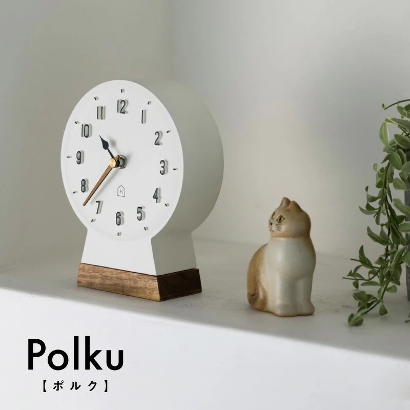 Polku ポルク テーブルクロック 置き時計 おしゃれ かわいい アナログ 無音タイプ 静か 寝室 リビング スイープムーブメント 白 木 木目 北欧 ナチュラル ギフト 時計