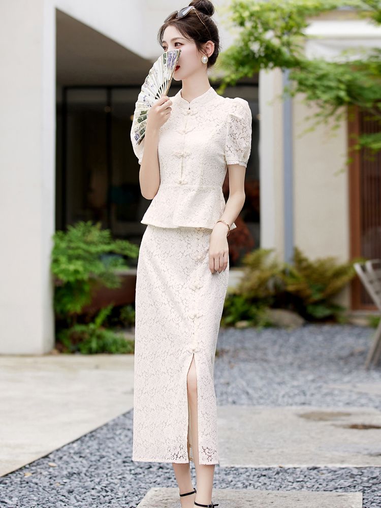 改良されたチャイナドレス女性2023夏風気質レースバッグヒップスカートツーピーススーツ