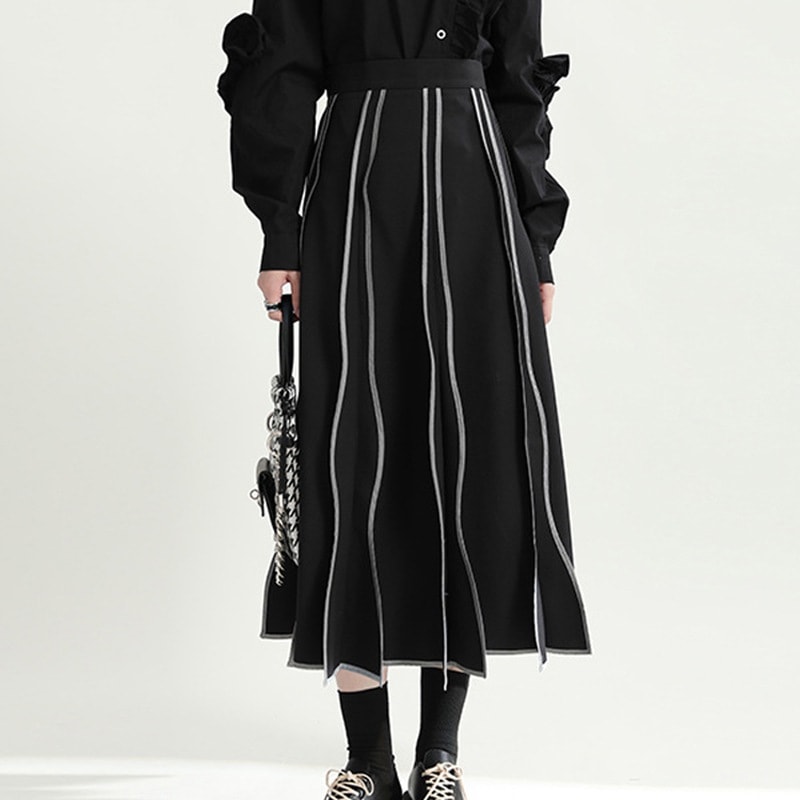 ロングスカート 黒 ハイウエスト ストライプ 山本風 Aライン 切替え 着瘦せ 通勤 おしゃれ