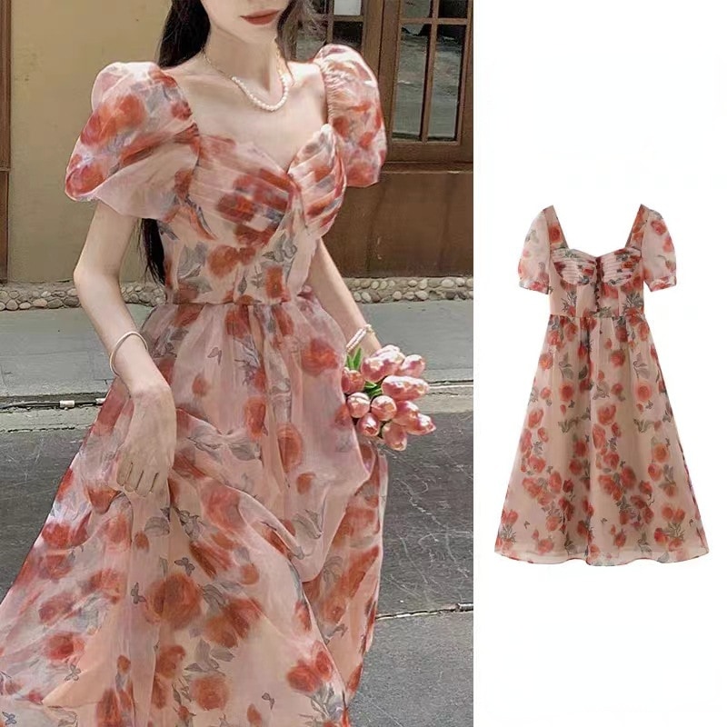 美しい妖精のティーブレイクキキョウフランス気質スクエアカラーウエスト花柄ドレス女性家出プリンセススカート夏