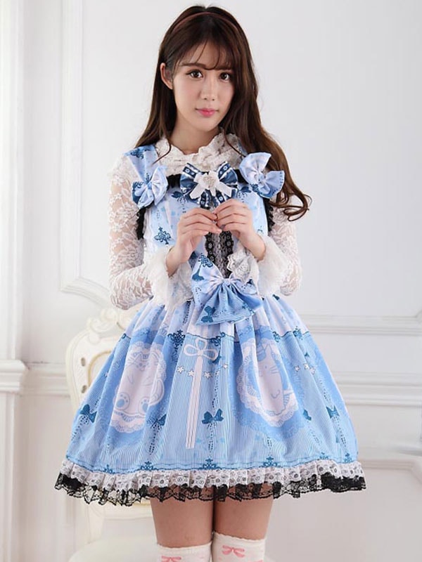 【全店任意2枚購入で100円OFF】古典的なロリータJSKドレスライトスカイブルーレースアップボウロリータジャンパースカート