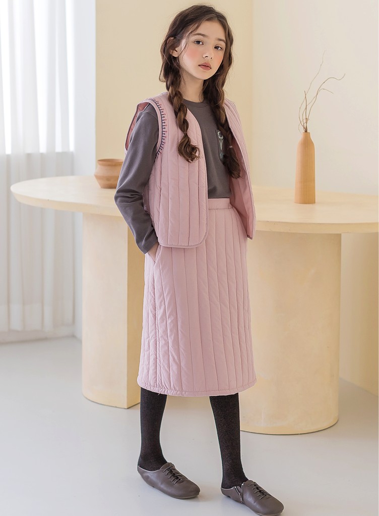 ピンク自首ステッチベストスカート上下セット5号