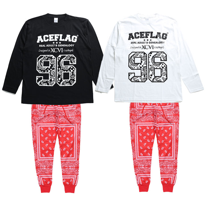 ACE FLAG 上下セット 長袖 ブランド Tシャツ ロンT ロングパンツ メンズ 春秋冬用 白 黒 大きいサイズ エースフラッグ セットアップ ジャージ 96
