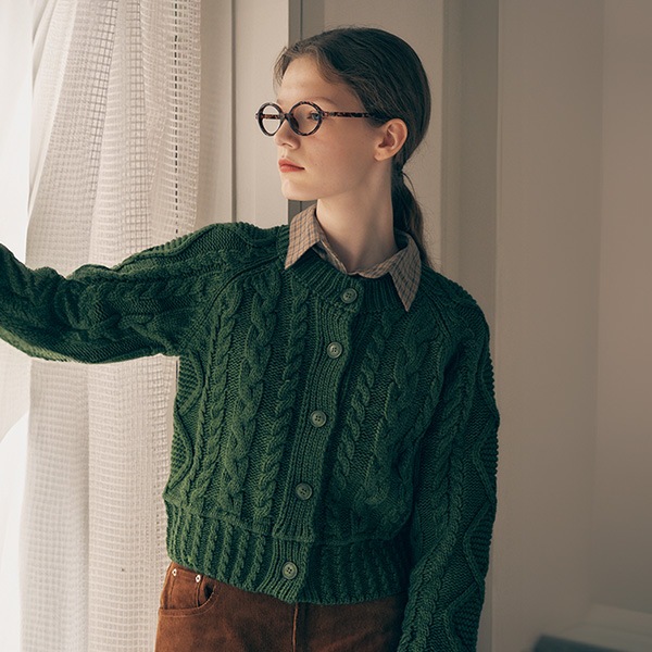 WOOL BLENDED CABLE CARDIGAN GREEN