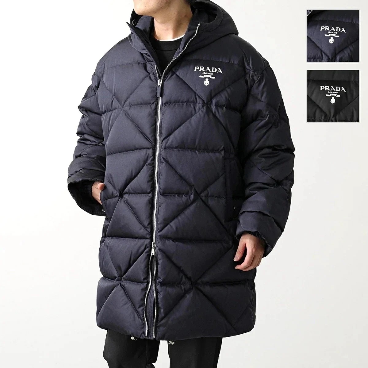 PRADA プラダ ダウンコート Re-Nylon リナイロン SGC042 1WQ8 メンズ キルティング ロゴ ダウンジャケット ロング丈 フード付き カラ