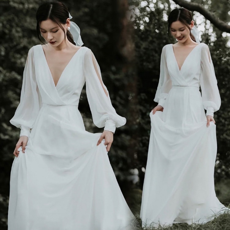 送料無料 ウェディングドレス 二次会ドレス 白 ロングドレス Vネック セクシー 結婚式ドレス 二次会 ホワイトドレス パフスリーブ 長袖 シフォン袖 ビーズ オシャレ キレイめ ウェディングドレス