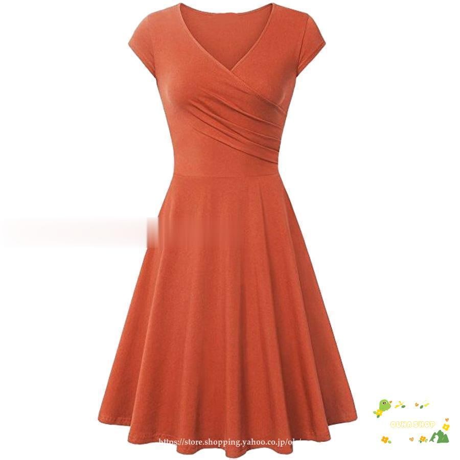 カシュクールワンピース 半袖 フレア 膝丈 レディース 大きいサイズ Aライン ミディアム丈 シンプル 無地 S M L XL 2XL 3XL ミディ