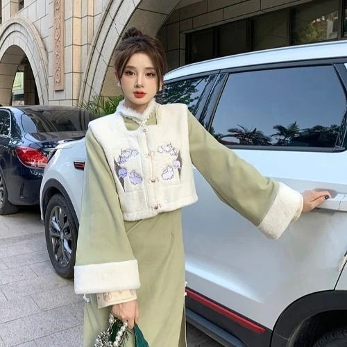 改良版チャイナドレス秋冬新作風女性ソフトスタイルグリーンドレス気質ツーピーススーツ