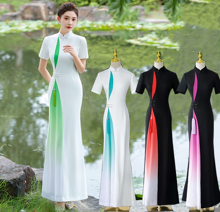 チャイナドレス 半袖 ロング丈 チーパオ 配色 グラデーション 細身ドレス レトロ 中華風ドレス エレガント パーティードレス 発表会 謝恩会 花嫁 お呼ばれ 中華風ドレス 合唱団服 4色