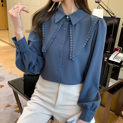 トップス シャツ ブラウス 袖あり 長袖 Vネック 襟付き シフォン 前開き 薄手 かわいい 大人可愛い きれいめ 上品 おしゃれ お洒落 かっこいい レトロ 大人女子 ラブリー キュート ガーリー