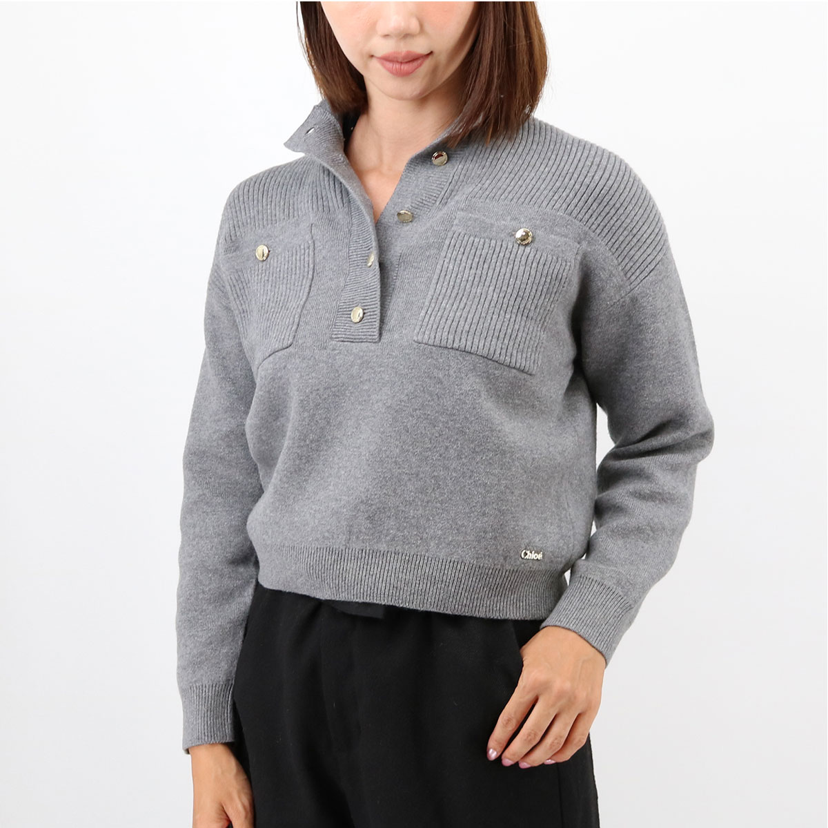 キッズ ゴールドボタンニット C20636 【大人もOK！】 セーター レディース 子供 ガールズ 長袖 ハイネック ショート丈 ホワイト