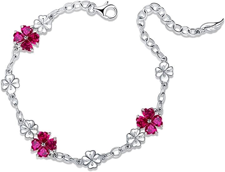 シルバー925 女性に人気 ブレスレットハート四つ葉のクローバー ユニーク デザイン 7月 誕生石 ルビー誕生日 記念日 プレゼント( 7月 誕生石 ルビー, ワンサイズ)