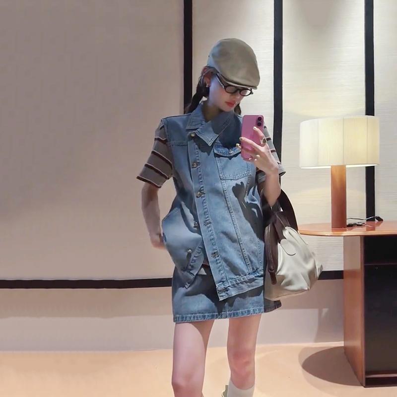 デニム　スタイル　レディース　 夏の 韓国 レトロ デニムベスト ジャケット スーツ 女性 2025 ハイウエスト ショート スカート ツーピース