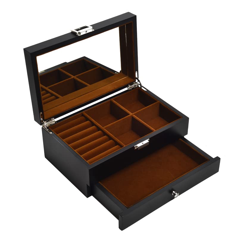 Baskiss 上品木製2層ジュエリー収納ボックス 鏡付き アクセサリーケース ジュエリーボックス ネックレスイやリングピアス指輪収納 ドレッサー トップ