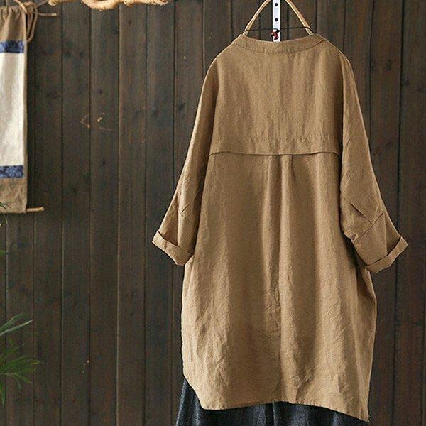 シャツ レディース 七分袖 ブラウス トップス 綿麻 麻混 羽織 シャツブラウス 立ち襟 春 夏 秋 長袖 体型カバー オシャレ 通勤