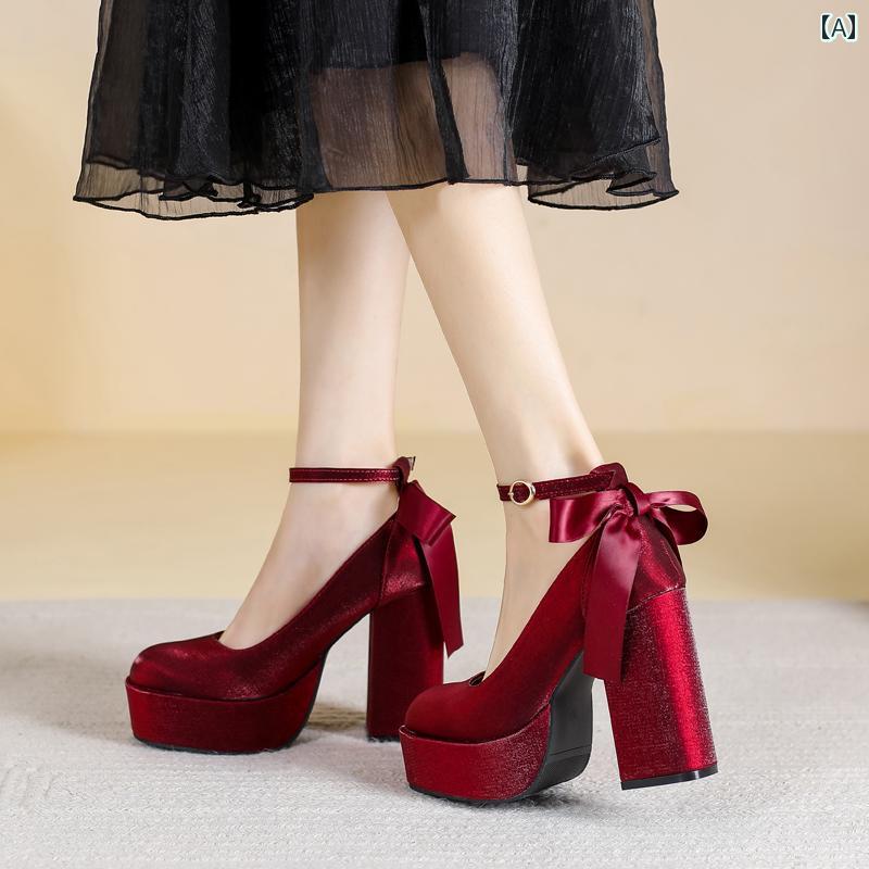 ハイヒール　シューズ　レディース 女性用 12 cm サテン ハイヒール 厚底 レッド 秀和 ウェディングシューズ 2025 フレンチスタイル シングル シューズ