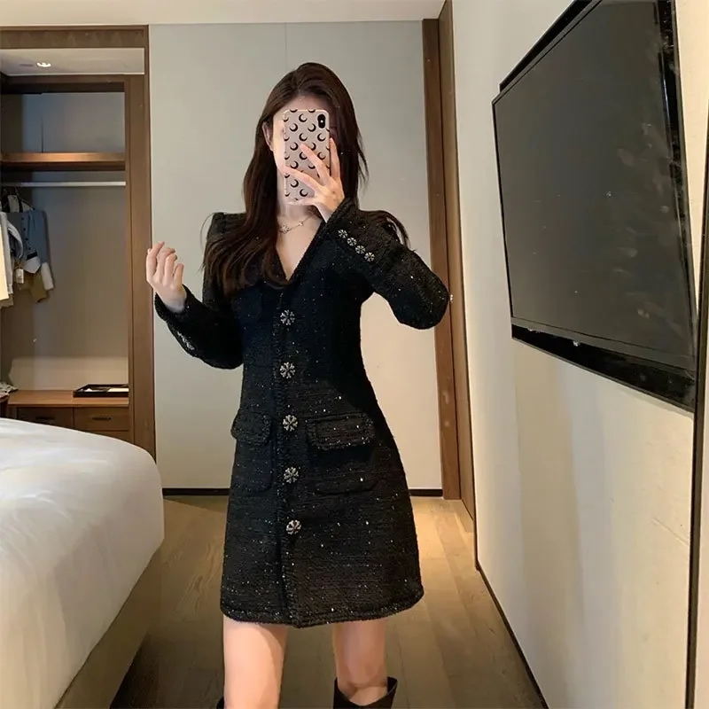 長袖ツイードドレス,裏地付きフリースなし,黒,エレガント,社交イベント,春,秋 - AliExpress 200000345