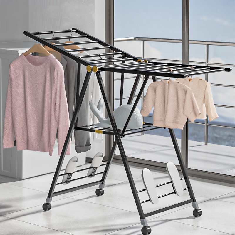 寝室のバルコニー用床置き折りたたみ物干しラック ブラックアルミニウム合金家庭用ベビー服乾燥キルトウイングタイプ