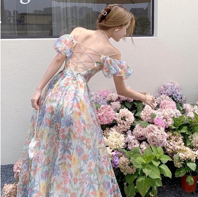 ワンピース レディース 花柄オフショルダーロングキャミワンピース バックレースアップ パステルフラワーシフォンドレス バルーンスリーブ プリンセス サマードレス 大人可愛い 韓国 人気 トレンド 新作