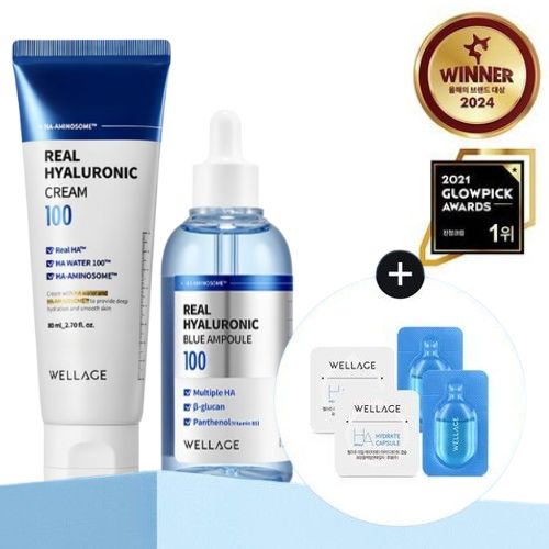 リアルヒアルロニックブルーアンプル,100ml+リアルヒアルロン酸ブルークリーム,80ml (プレゼント - リアルヒアルロニックワンデーキット2個)/保湿,ハリ,水分集中管理美容液/水分クリーム