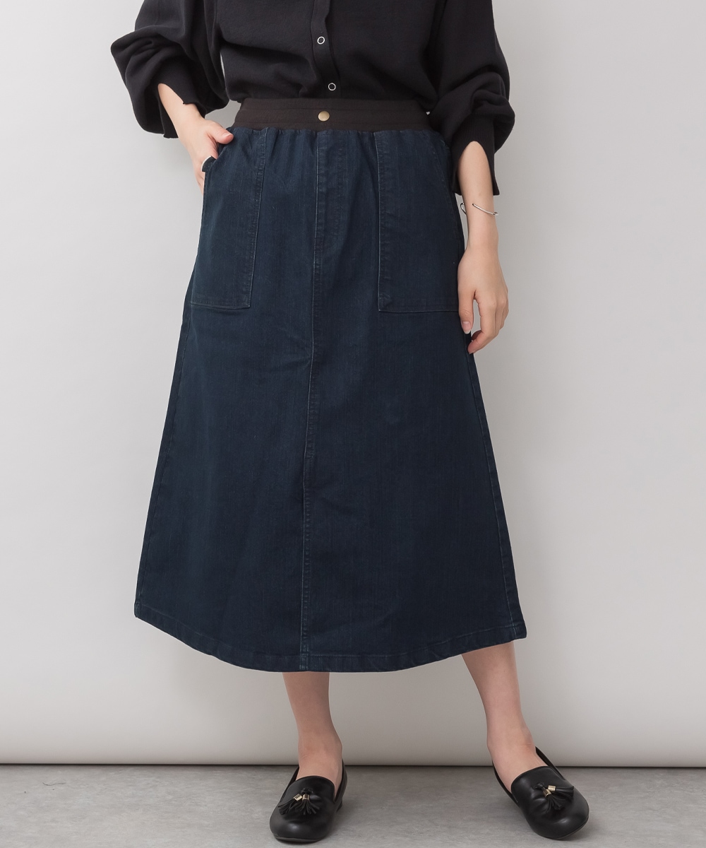 ウエストリブ ベイカーデニムスカート ジーンズ ロングスカート ゆったり 大きいサイズ M L LL 3L 4L ウエストゴム ママコーデ オールシーズン デニム ヴィンテージ風 体型カバー