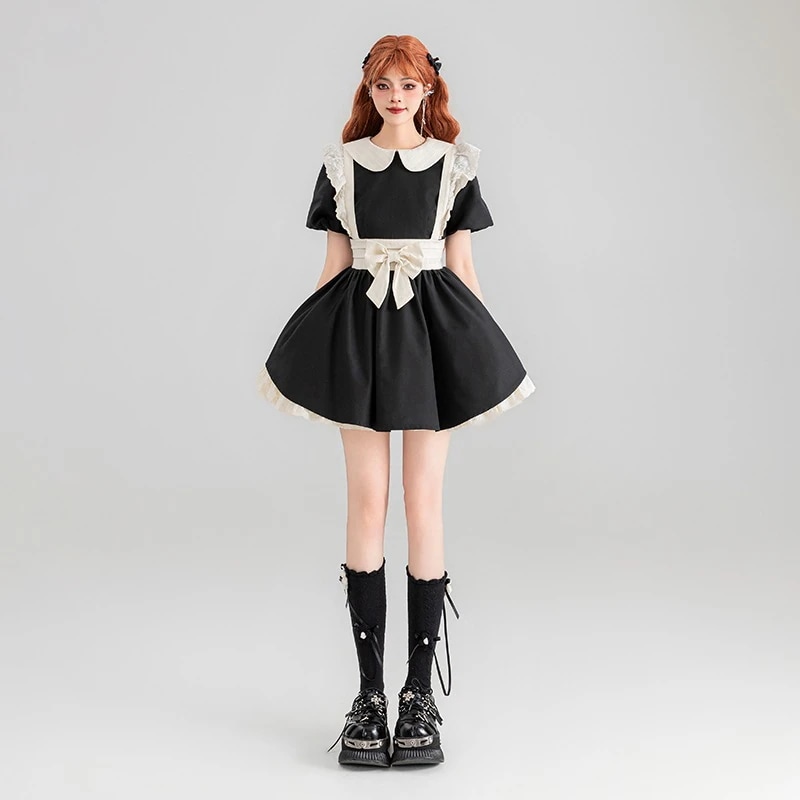 【高品質です】和菓子ガールリボン飾りドレス2024夏メイド服改良版デイリーふわふわショートスカート