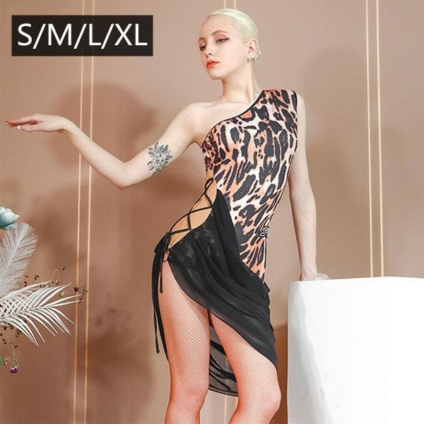 社交ダンス ドレス ダンスドレス ダンスウェア チャチャチャ ルンバ ワンピース アシメデザイン 袖なし ノースリーブ ヒョウ柄