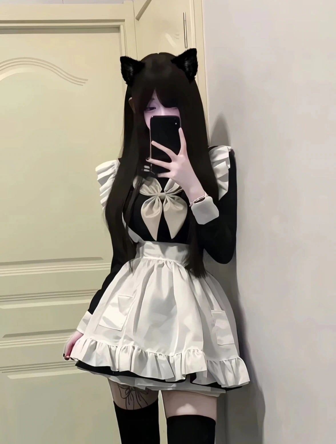 リボンが可愛いネイビー衿スリム長袖ワンピース