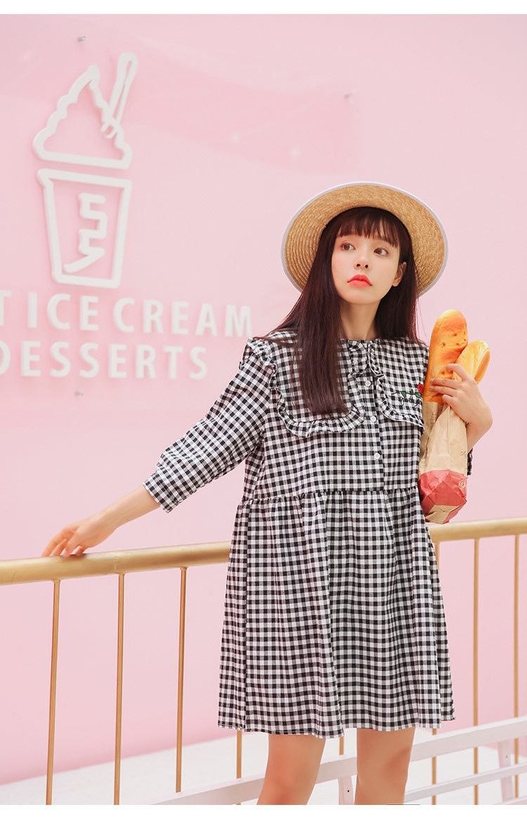 1108．ギンガムチェック刺繍ワンピース（ブラック）