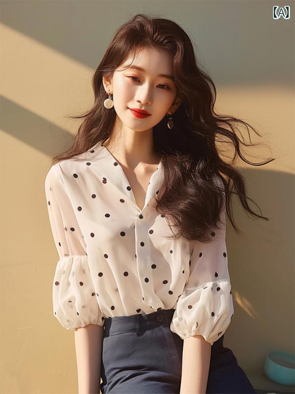 レディース ファッション 水玉 シフォン 白 半袖 シャツ トップススス 夏 美しく ユニーク シャツ 素敵