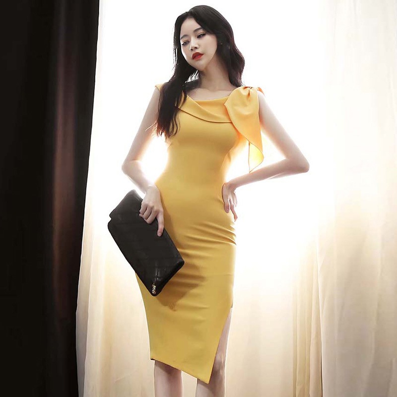 ワンピース レディース タイトワンピース 膝丈 ミモレ丈 袖なし ノースリーブ 斜め肩 肩リボン