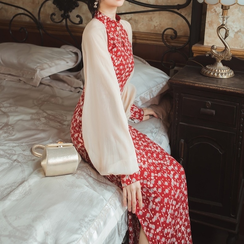 レディース ワンピース ロング ロング丈 長袖 ラウンドネック スリム Iライン レース シフォン