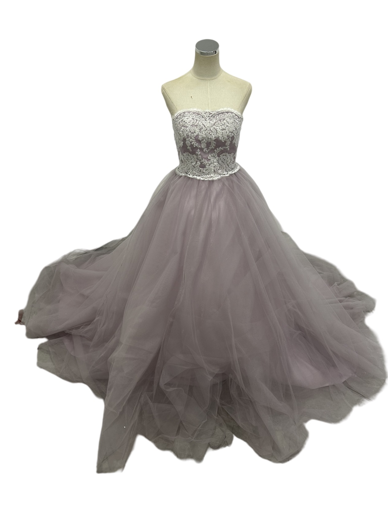 カラードレス オーキッド ベアトップ 繊細レース ロングトレーン ソフトチュール 前撮り