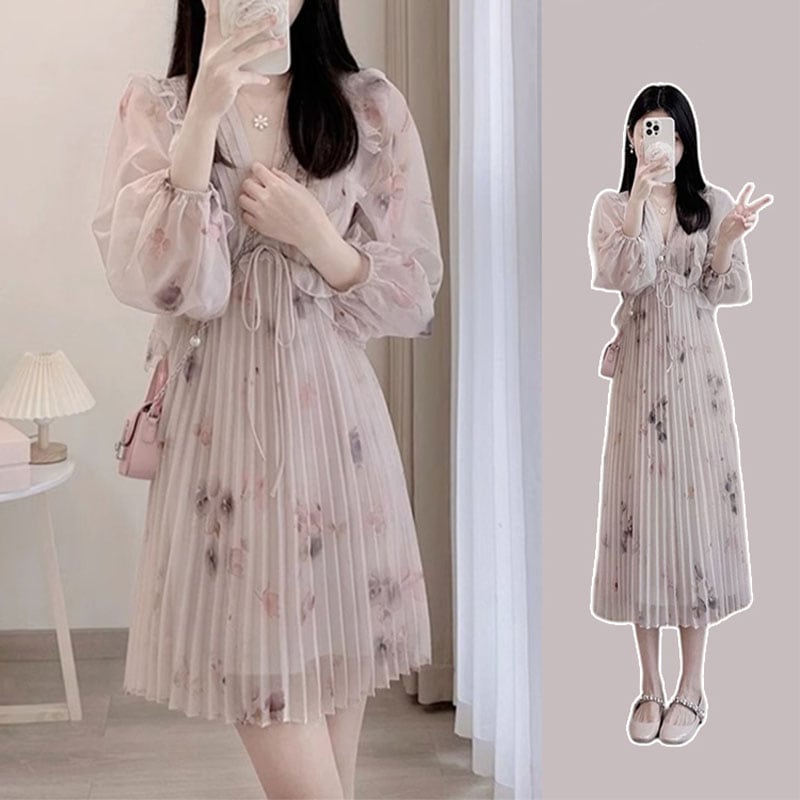 ロングワンピース レディース 花柄 Aライン プリーツワンピース ロング丈 長袖 ゆったり マキシ丈 体型カバー きれいめ 着痩せ 大きいサイズ M L XL XXL 2XL 3XL春 秋 冬 5,780円