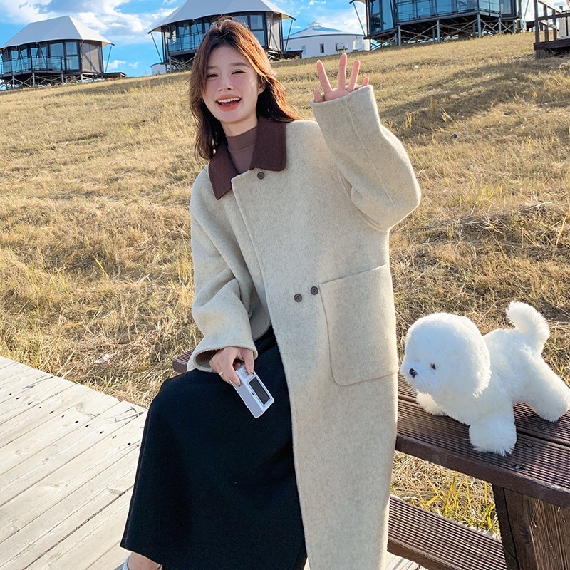 韓国版衝突スプライシングロングツイードコート2024新気質通勤ルーズウールツイードジャケット