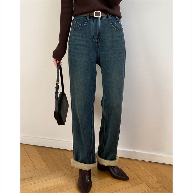 ボトムス パンツ Gパン ズボン デニムパンツ 裏起毛 ブルーデニム ストレートパンツ ジーンズ ジーパン 暖パン 裏ボア シンプル カジュアル こなれ感 ラフ メンズライク ボーイッシュ クール 抜