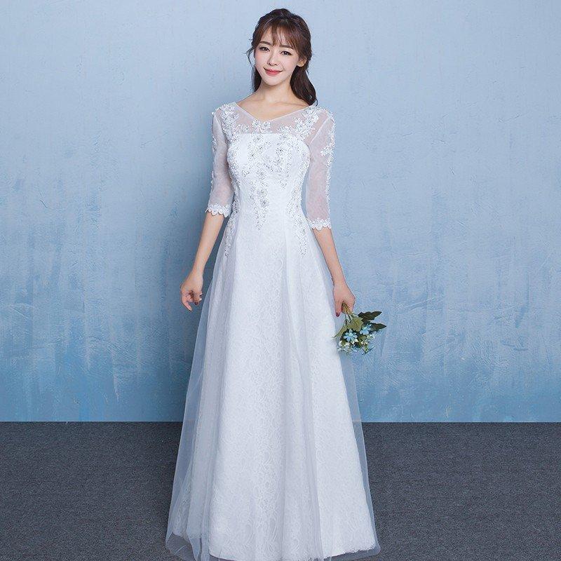 ウエディングドレス ウェディングドレス aライン 白 安い 袖あり 上品 花嫁 結婚式 パーティードレス 二次会 ブライダル ロングドレス イブニングドレス