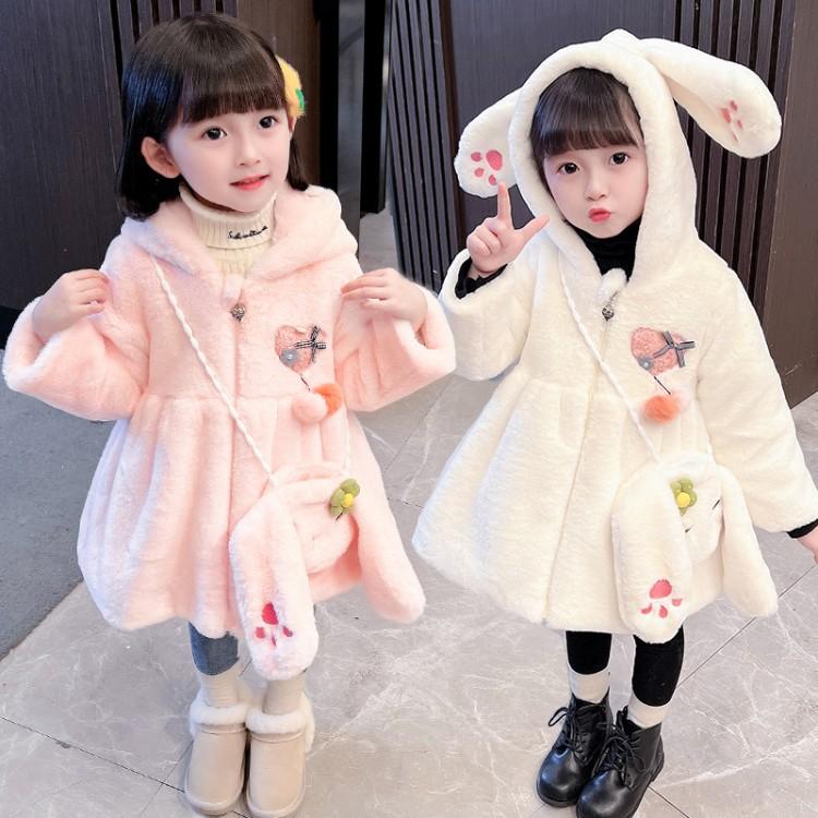 フェイクファーコートキッズベビー女の子耳付きフード付き裏起毛もこもこフリース厚おしゃれ子服アウター冬暖かいウサギ耳ジャケット