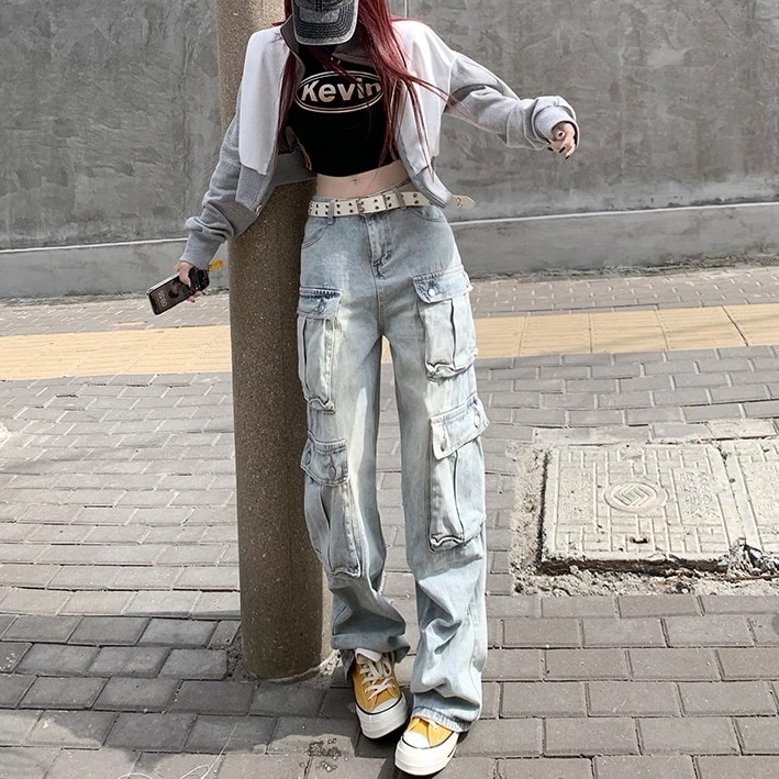 デニムボトムスオリジナル復古ジーンズ女春秋新スラックスパンツ多ポケット工装ズボン