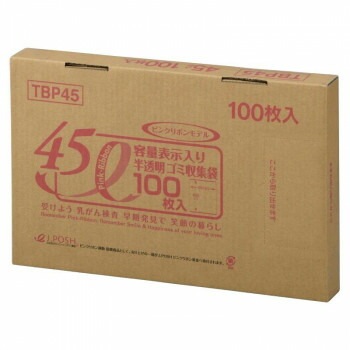 ジャパックス 容量表示入ポリ袋45L ピンクリボン 白半透明 100枚x6箱 TBP45