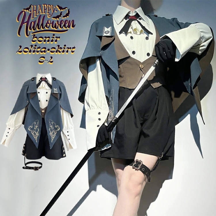 ハロウィン ドレス ロリータ ボニール ロリータスカート ブルーブラウン ケープ付きベスト フリルシャツ ショートパンツ おしゃれ 耐久性 バットモチーフ クラシックゴシック ファッション レディース
